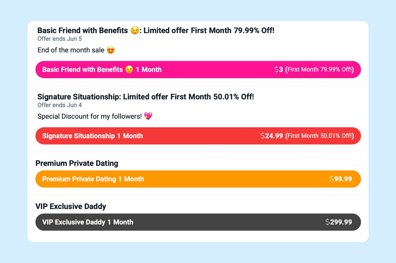 Fansly subscription tiers with pricing and content descriptions for each plan
