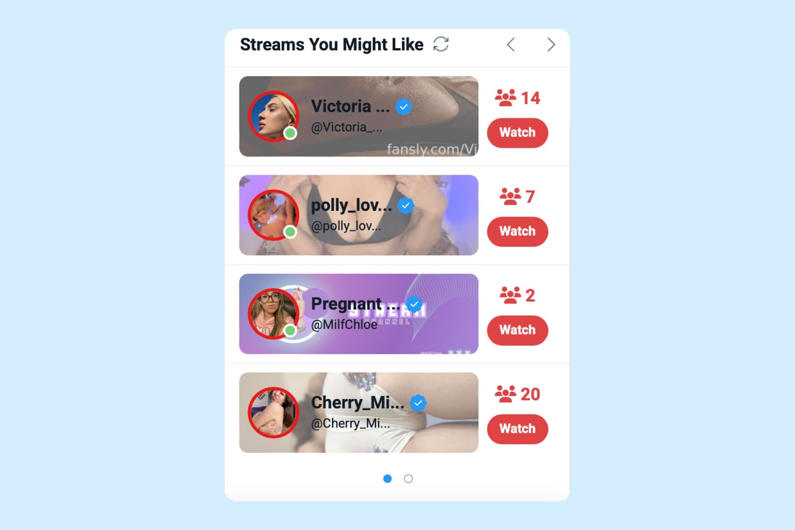 Recommended creator profiles on Fansly in the For You Page section